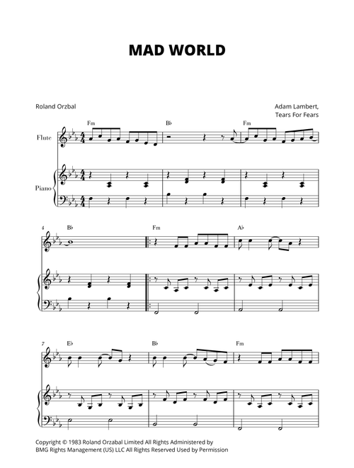 Mad World (Arr. Cadenza Editions) - Adam Lambert (Flute and Piano)