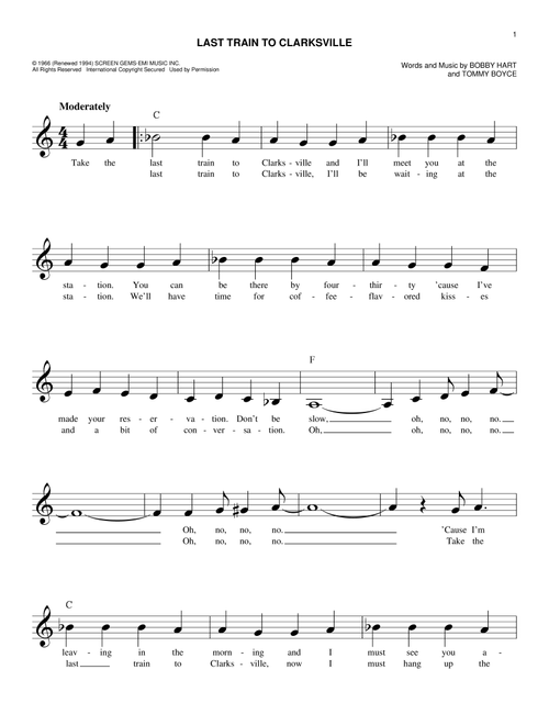 Last Train To Clarksville - The Monkees (Easy Lead Sheet - Fake Book)