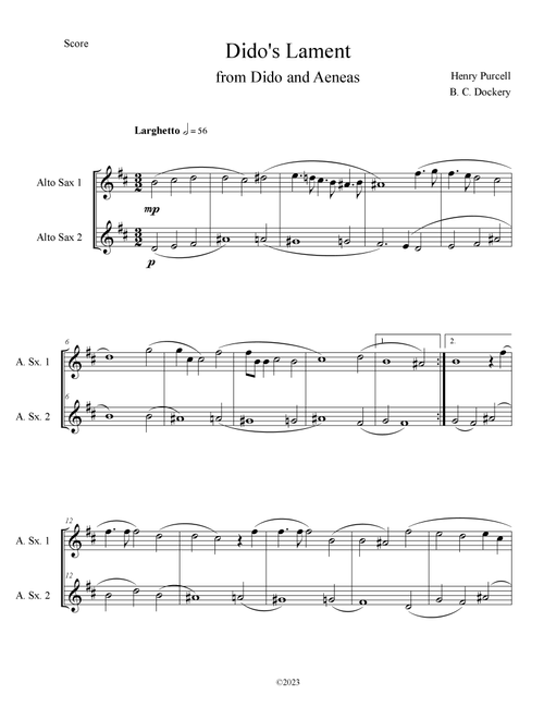 Dido's Lament (Alto Sax Duet) (Arr. B. C. Dockery) - Henry Purcell (Alto Saxophone Duet)