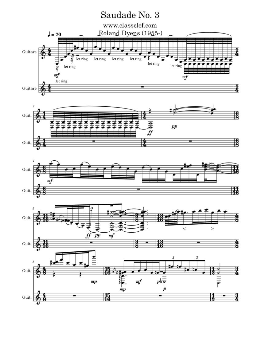 Saudade no 3 – Roland Dyens Sheet Music for Guitar (Solo
