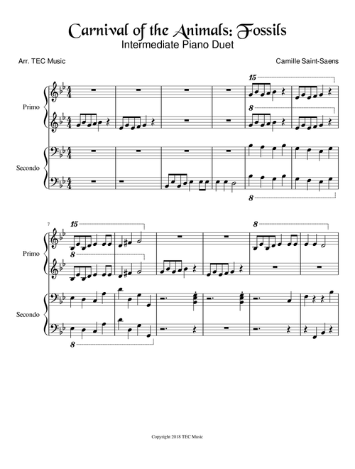Carnival of the Animals: Fossils (Intermediate Piano Duet) (Arr. TEC Music) - Camille Saint-Saens (Easy Piano)