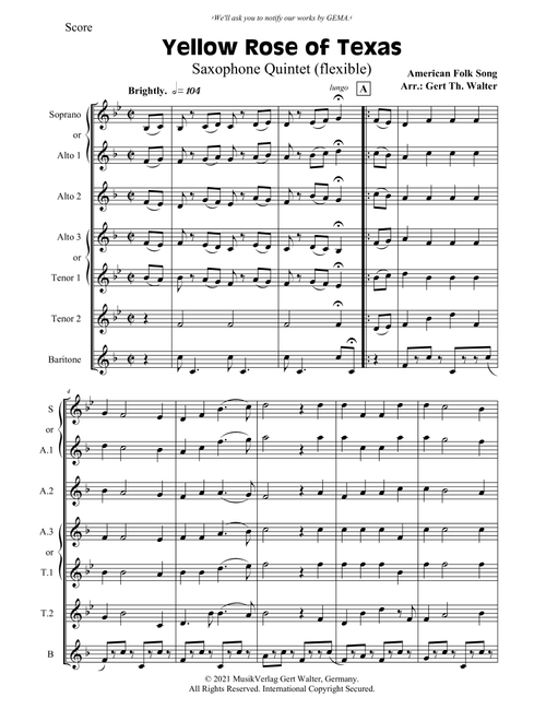 Yellow Rose of Texas (Arr. Gert Th. Walter) - American Folk Song (Woodwind Ensemble)