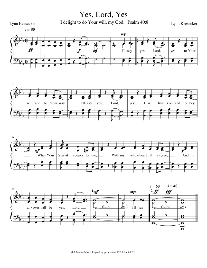 Yes, Lord, Yes Sheet Music for Piano (Solo) easy | MuseScore.com
