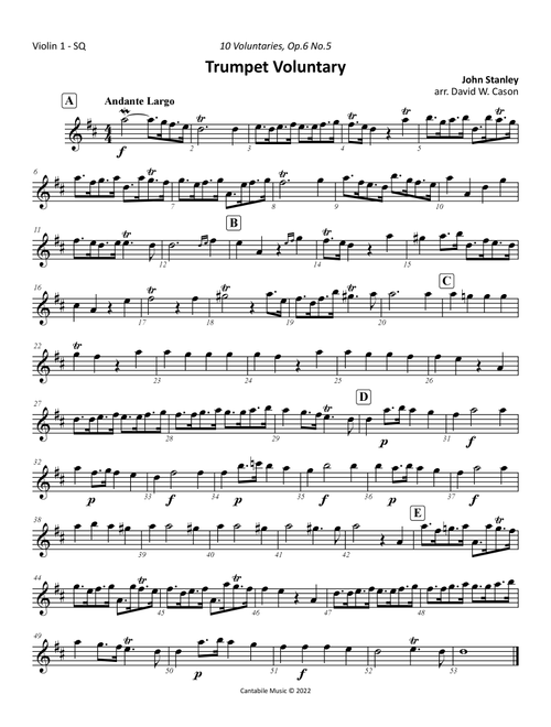 Trumpet Voluntary (Andante Largo) from 10 Voluntaries Op.6 No.5 (Stanley) STRING QUARTET (Arr. David W. Cason) - John Stanley (String Quartet)