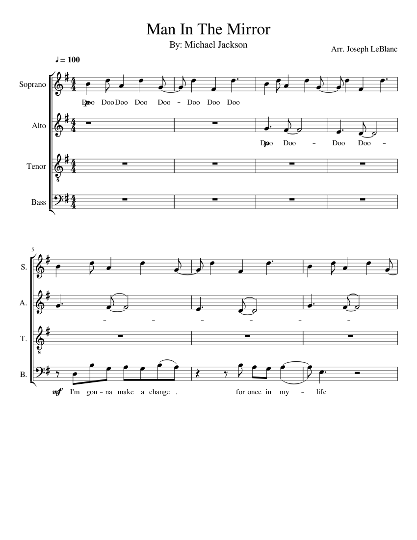 Michael Jackson - Man In The Mirror Acapella Sheet Music for
