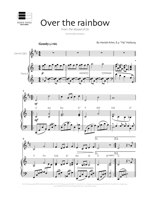 Over The Rainbow (Arr. Robin Hood Editions) - Judy Garland (Clarinet and Piano)