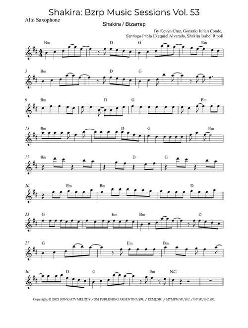 Shakira: Bzrp Music Sessions Vol. 53 (Arr. Alex Nunes Rodrigues) - Shakira / Bizarrap (Alto Sax Solo)