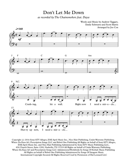 Don't Let Me Down (Arr. Joe Cox) - The Chainsmokers feat. Daya (Piano Vocal)