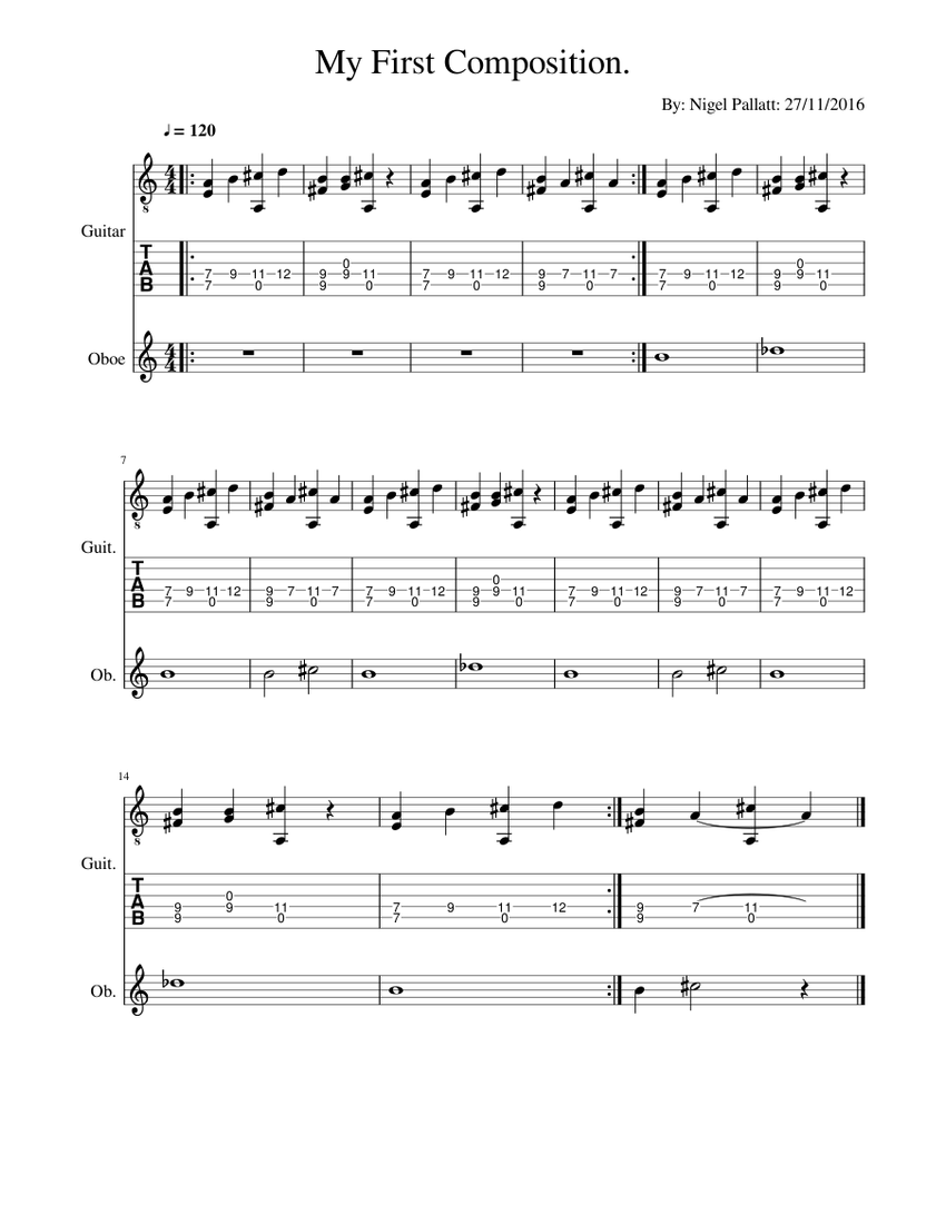 My First Composition. Sheet music for Oboe, Guitar (Mixed Duet