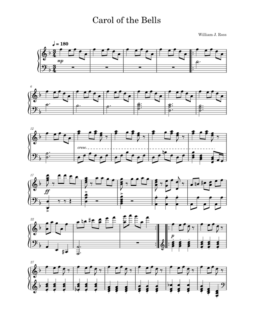 Carol of the Bells Sheet Music for Piano (Solo) | MuseScore.com