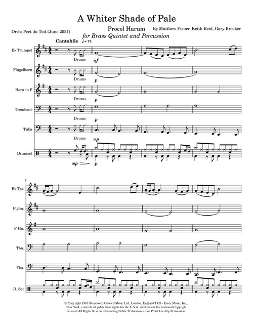 A Whiter Shade Of Pale - Score Only (Arr. Peet du Toit) - Procol Harum (Brass Ensemble)