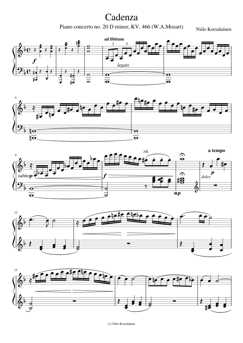 efectivo cuerda Retrato Cadenza (KV. 466, I) Sheet music for Piano (Solo) | Musescore.com