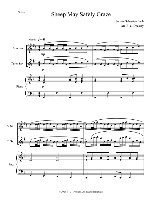Sheep May Safely Graze (Alto and Tenor Sax Duet with Piano Accompaniment) (Arr. B. C. Dockery) - Johann Sebastian Bach (Instrumental Duet and Piano)