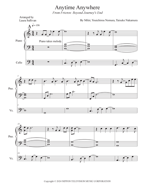 Anytime Anywhere (Arr. Laura Sullivan) - Milet, Youichirou Nomura, Taisuke Nakamura (Instrumental Duet and Piano)