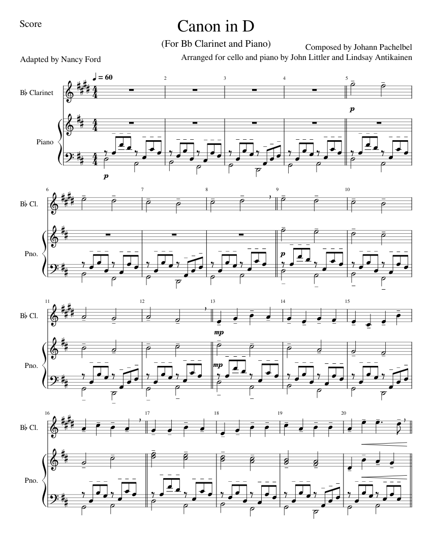 Canon in D Pachelbel Bb Clarinet and Piano Sheet music for Piano Clarinet in b flat Mixed Duet Musescore