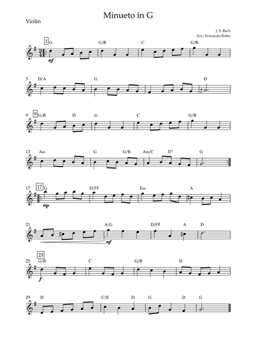 Minueto in G (J. S. Bach) for Violin Solo with Chords (Arr. Fernando Britto) - Johann Sebastian Bach (Violin Solo)