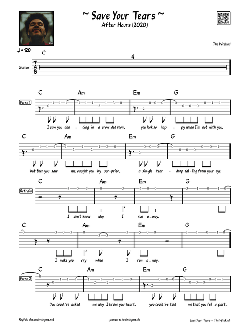 Save your tears – The Weeknd - Lead Sheet / Guitar Tabs