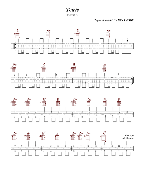 Tetris - thème A - ukulele TAB