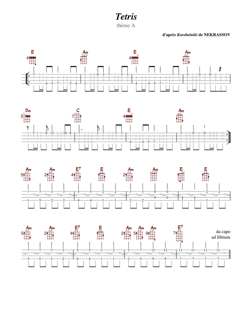 Tetris - thème A - ukulele TAB Sheet music for Ukulele (Solo) |  