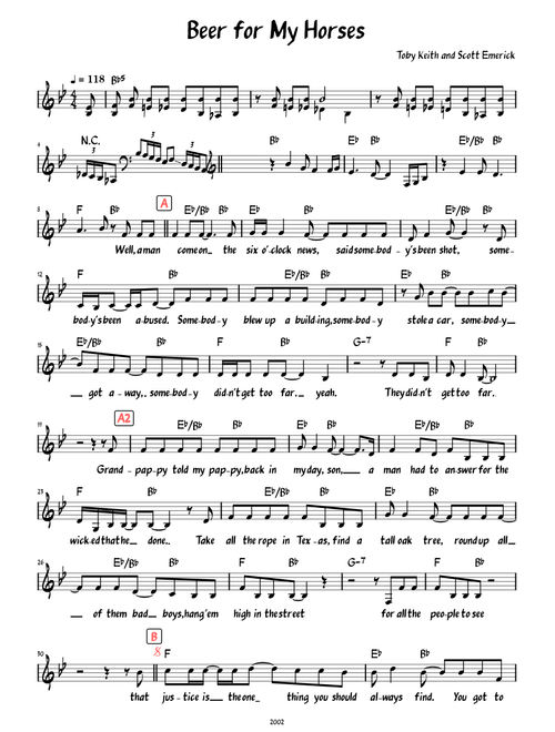Beer for My Horses (Lead sheet with lyrics and accompaniment )