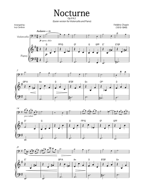 "Nocturne" (Chopin) - Beautiful EASY version for CELLO and PIANO. (Arr. Iury Cardoso) - Frédéric Chopin (Cello and Piano)