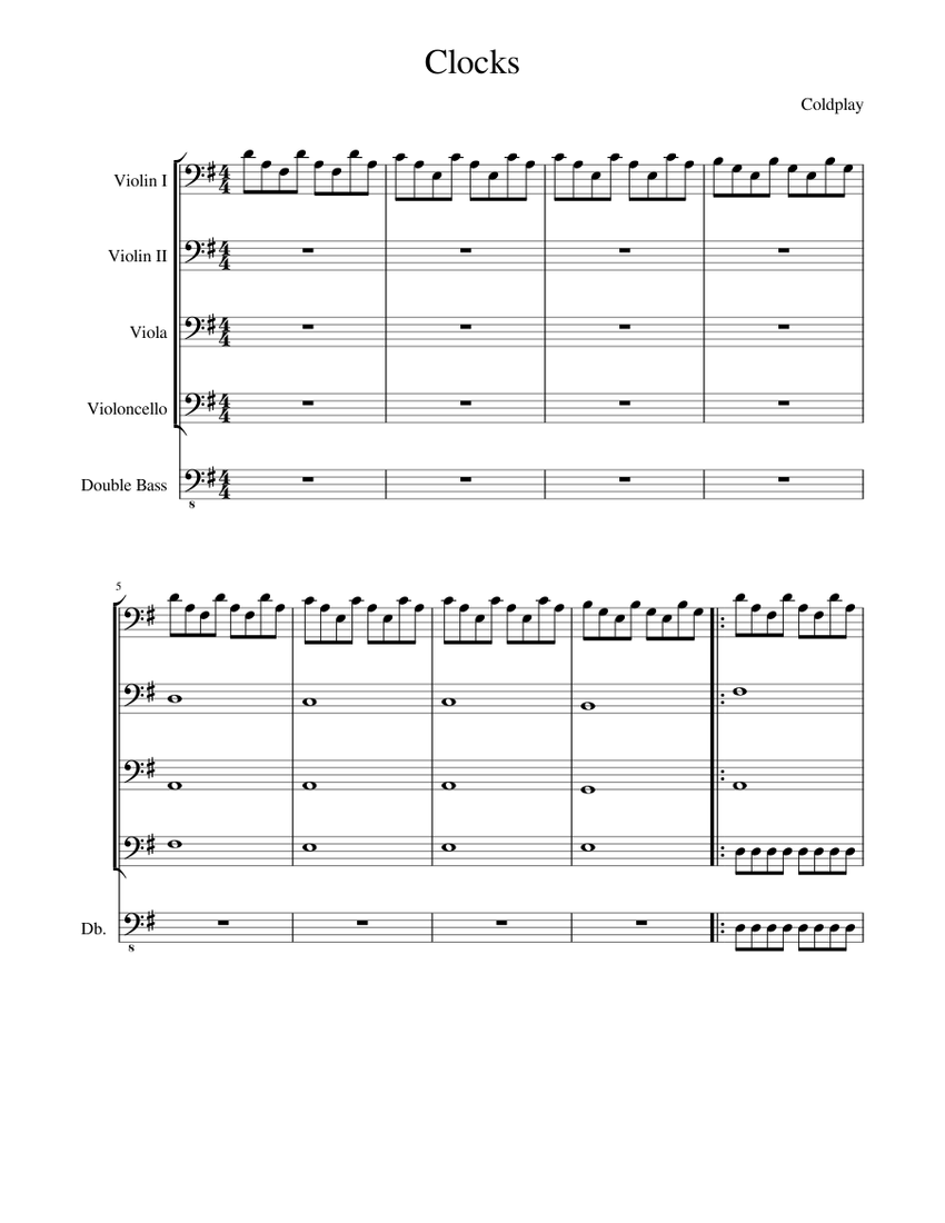 Clocks Cello Quartet Sheet music for Contrabass, Violin, Viola, Cello