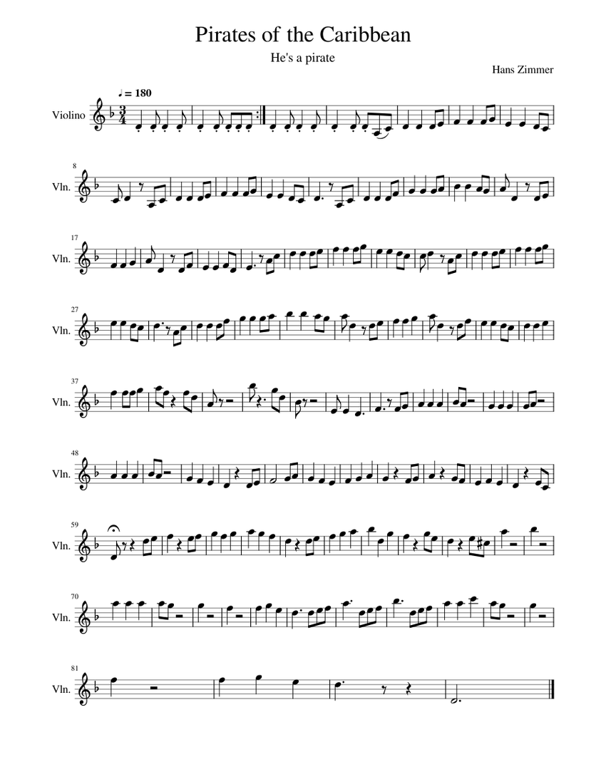 【吹奏楽譜】PIRATES OF THE CARIBBEAN Pirates of the Caribbean Sheet Music for Violin (Solo