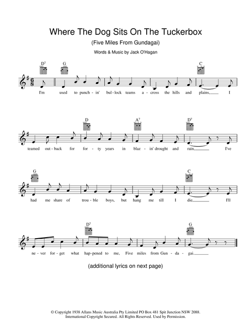 Where The Dog Sits On The Tuckerbox (Five Miles From Gundagai) - Jack O'Hagan (Lead Sheet - Fake Book)