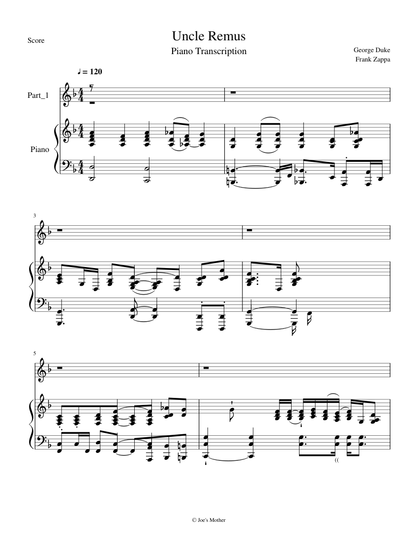 Uncle Remus Frank Zappa George Duke Sheet Music for Piano (Solo ...