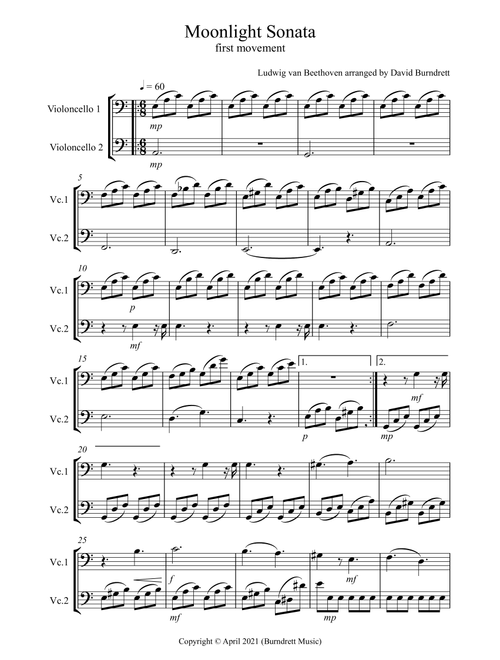 Moonlight Sonata (1st movement) for Cello Duet (Arr. David Burndrett) - Ludwig van Beethoven (Cello Solo)