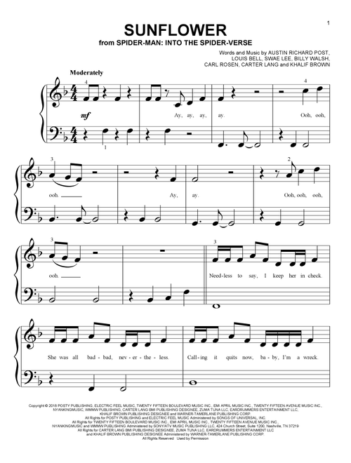 Sunflower (from Spider-Man: Into The Spider-Verse) - Post Malone & Swae Lee (Big Note Piano)