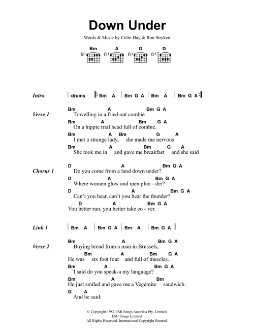 Down Under - Men At Work (Guitar Chords-Lyrics)