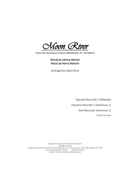 Moon River (Arr. Adam Brox) - Henry Mancini (Recorder Ensemble)