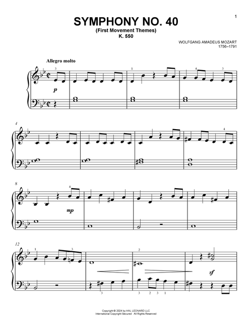 Symphony No. 40 In G Minor, First Movement Excerpt - Wolfgang Amadeus Mozart (Easy Piano)
