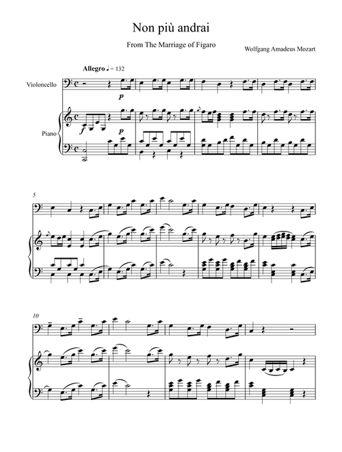 Wolfgang Amadeus Mozart - Non più andrai - The Marriage of Figaro (Violoncello Solo) (Arr. André Laitano) (Cello and Piano)