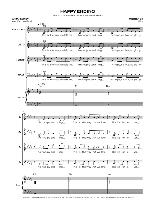 Happy Ending (Arr. Alex Van den Broek) - Mika (Choral, SATB divisi)