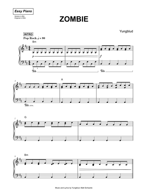Zombie - YUNGBLUD (Easy Piano)