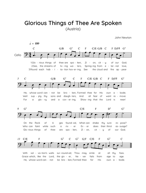 Glorious Things of Thee Are Spoken (Austria) - Cello in C Easy with Chords and Lyrics (Arr. MissoRB) - John Newton (Cello Solo)