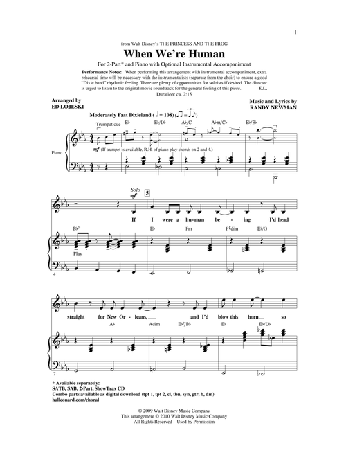 When We're Human (from The Princess And The Frog) (Arr. Ed Lojeski) - Randy Newman (Choral, 2-Part)