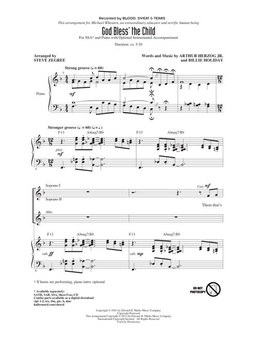 God Bless' The Child (arr. Steve Zegree) - Blood Sweat & Tears (Choral, SSA)