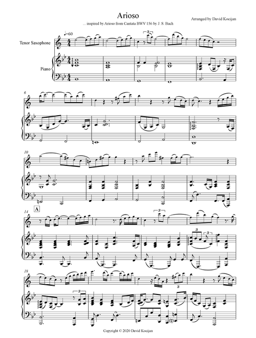 Arioso (tenor sax & piano) - INT (Arr. David Kocijan) (Tenor Sax and Piano)