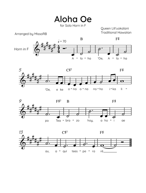 Aloha Oe - Solo Horn in F in B Major Easy With Lyrics & Chords (Arr. MissoRB) - Queen Liliʻuokalani (French Horn Solo)