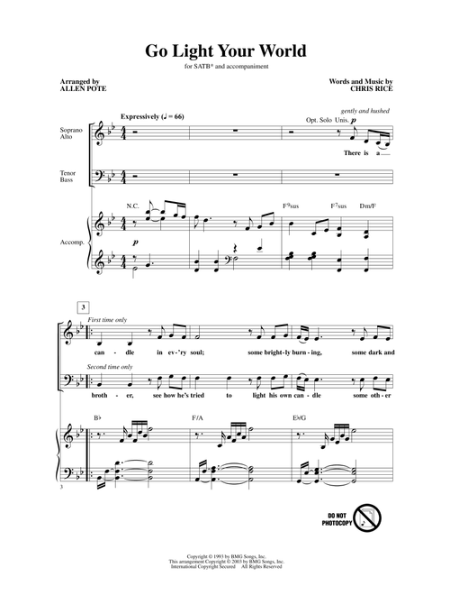 Go Light Your World (arr. Allen Pote) - Kathy Troccoli (Choral, SATB)