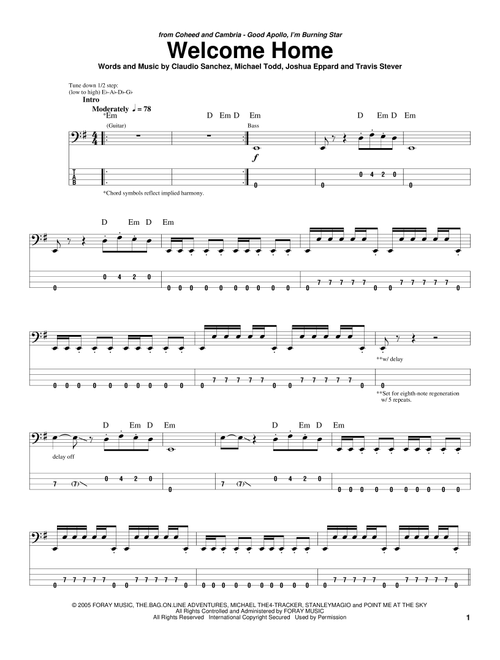Welcome Home - Coheed And Cambria (Bass Tab)
