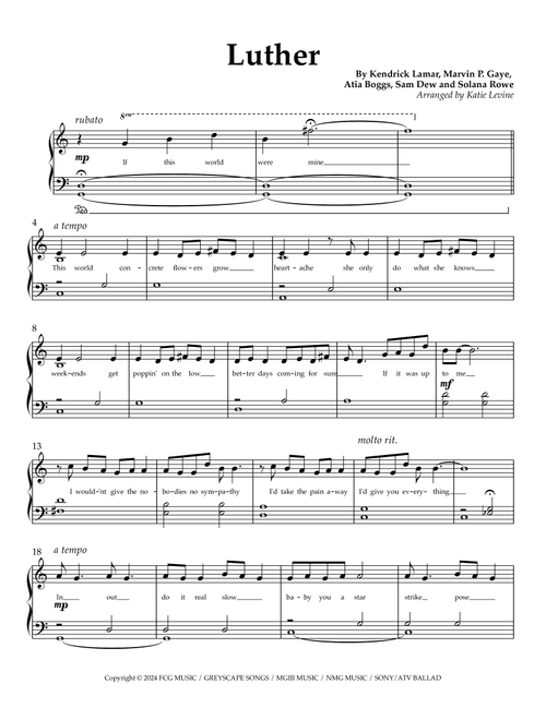 Luther (Arr. Katie Levine) - Kendrick Lamar (Easy Piano)