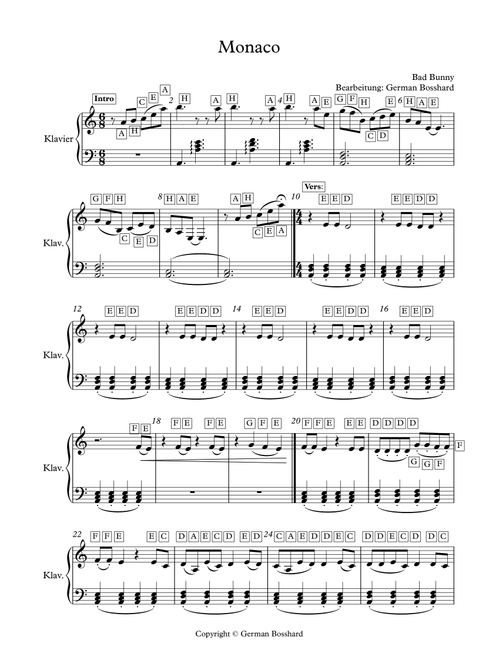 Monaco (Arr. German Bosshard) - Bad Bunny (Easy Piano)