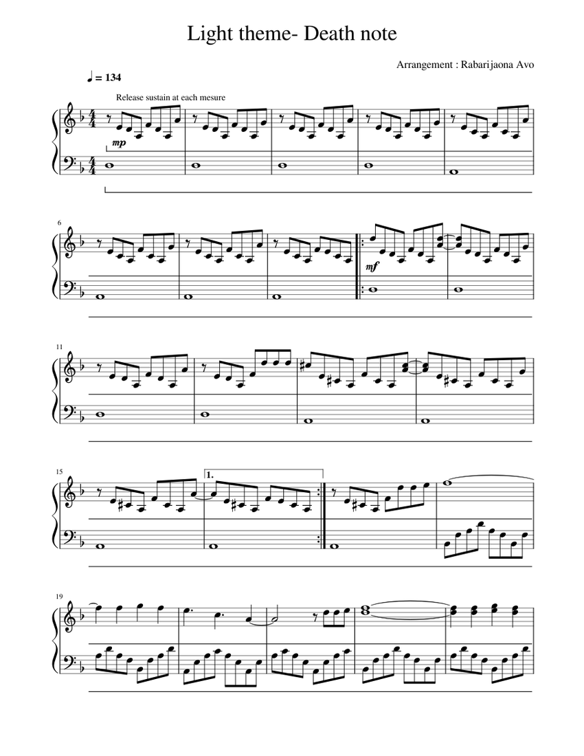 Light's theme-Death note Sheet Music for Piano (Solo) | MuseScore.com