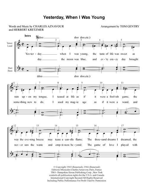 Yesterday, When I Was Young (Hier Encore) (Arr. Tom Gentry) - Roy Clark (Choral, SSAA)