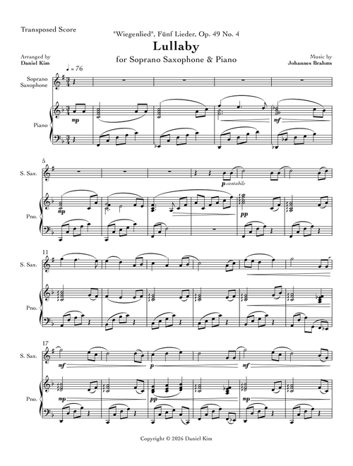 Brahms's Lullaby (Soprano Sax & Piano) (Arr. Daniel Kim) - Johannes Brahms (Soprano Sax and Piano)