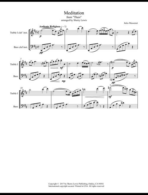 MEDITATION from 'THAIS' for Duo for String Duo of violin and cello, Woodwind Duo, any combination of (Arr. Sherry Lewis) - Jules Massenet (Instrumental Duet)